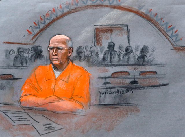 In this courtroom sketch, James "Whitey" Bulger sits at his sentencing hearing in federal court in Boston, Wednesday, Nov. 13, 2013. Bulger was convicted in August in a broad indictment that included racketeering charges in a string of murders in the 1970s and '80s, as well as extortion, money-laundering and weapons charges.