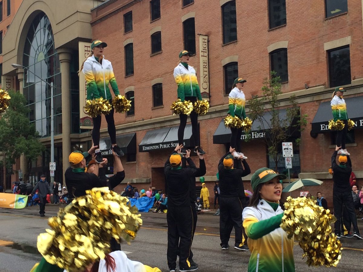 The Edmonton Eskimos cheer team is at the K-Days Parade in downtown Edmonton July 17, 2015.
