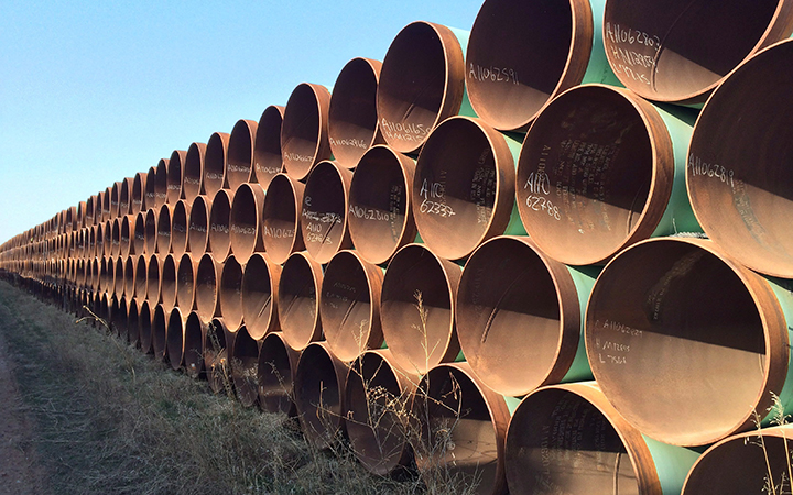 A yard in Gascoyne, ND., which has hundreds of kilometres of pipes stacked inside it that are supposed to go into the Keystone XL pipeline, should it ever be approved are shown shown on Wednesday April 22, 2015.