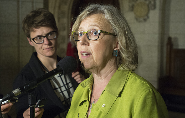 Green Party Leader Elizabeth May talks with media in Ottawa on Monday, June 8, 2015.