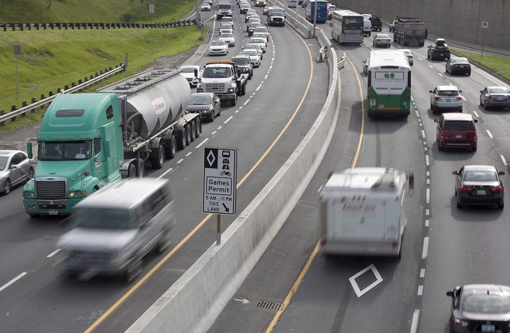 Vehicles zoom along the nearly empty Pan Am Games HOV lanes as morning rush hour traffic crawls along in Toronto on Monday June 29, 2015. THE CANADIAN PRESS/Frank Gunn.