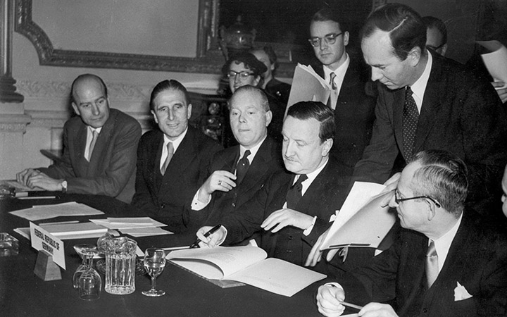 In this Feb. 27, 1953 file photo, the German Debts Agreement is signed in London. Though Germany is resisting Greece’s pleas for some relief, it should know better than most what it can achieve. After the hell of World War II, the Federal Republic of Germany got massive help from its former foes, among them Greece.
