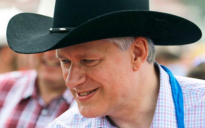 Prime Minister Stephen Harper at a Stampede breakfast in Calgary, Alberta on Saturday, July 4 , 2015. 