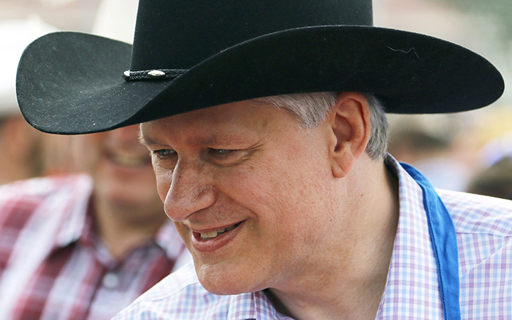 Prime Minister Stephen Harper at a Stampede breakfast in Calgary, Alberta on Saturday, July 4 , 2015. 