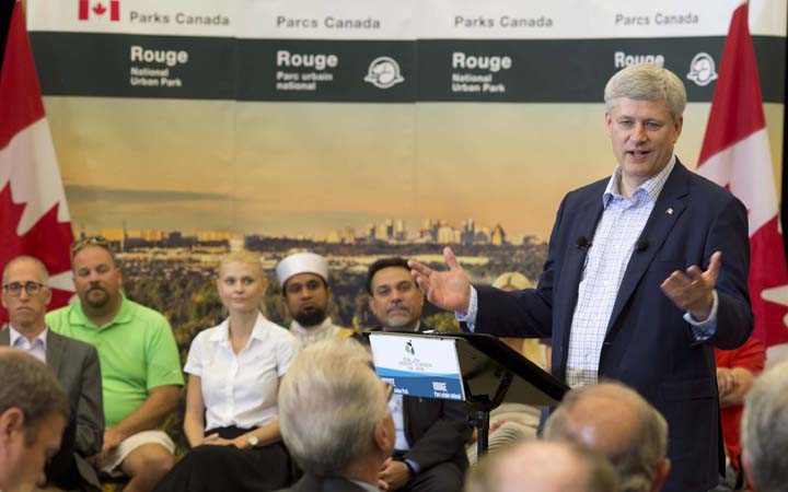 Prime Minister Stephen Harper makes an announcement at Pickering Recreational Complex in Pickering, Ont., on Saturday, July 11, 2015.