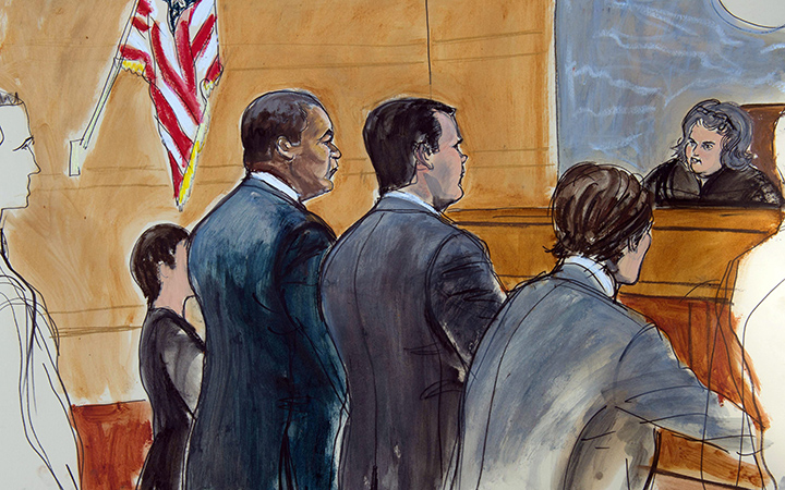 In this courtroom drawing, former FIFA official Jeffrey Webb, left, appears before United States Magistrate Judge Vera M. Scanlon for arraignment on racketeering and bribery charges, Saturday, July 18, 2015, in New York.