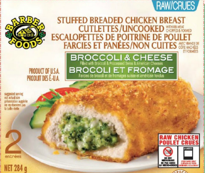 Two brands of uncooked stuffed chicken products are being recalled due to possible salmonella contamination.

The Canadian Food Inspection Agency says the four No Name products and four Barber Foods brands were sold across the country.