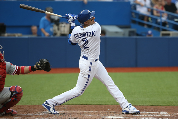 Troy Tulowitzki #2 of the Toronto Blue Jays hits a two-run home run in the second inning during MLB game action against the Philadelphia Phillies on July 29, 2015 at Rogers Centre in Toronto, Ontario, Canada. (Photo by Tom Szczerbowski/Getty Images).