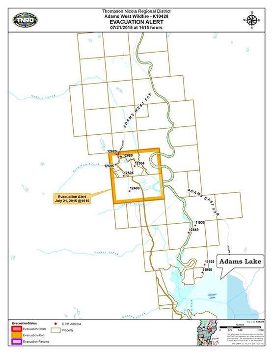 The Evacuation Alert for 6 properties near Adams Lake.