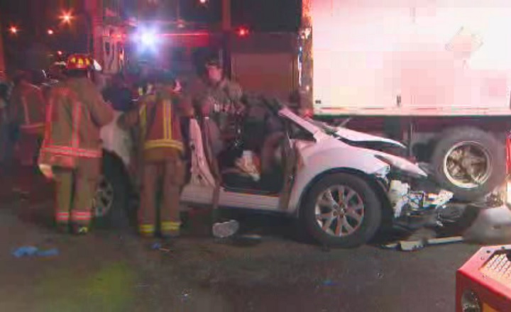 Three people were injured after the vehicle they were in rear-ended a truck in Toronto's west-end late Wednesday evening.