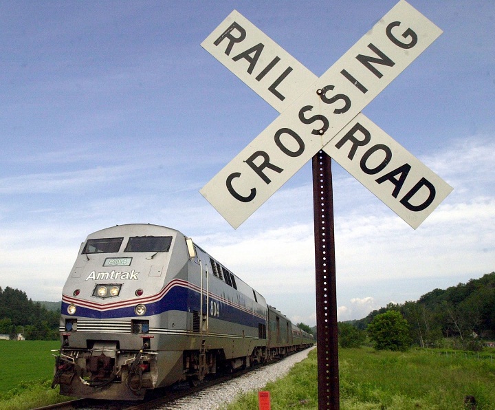 In this June 27, 2002 file photo, an Amtrak train heads down the tracks in Middlesex, Vt.