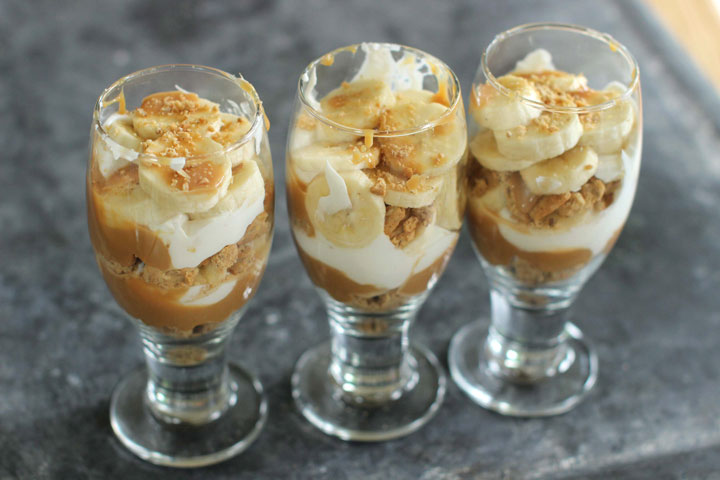 This June 15, 2015 photo shows banoffee partaits with salted toffee in Concord, N.H. This dish is from a recipe by Aarti Sequeira.