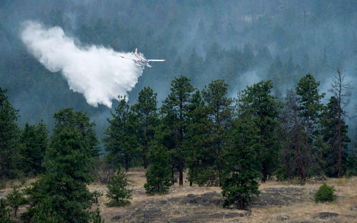 A water bomber drops water on a hillside in West Kelowna, B.C. Friday, July, 18, 2014.  Officials hope cooler temperatures will provide a measure of relief over the weekend.