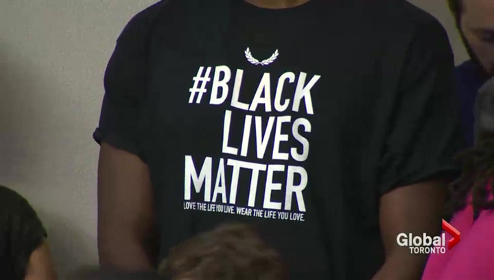 A supporter wears a Black Lives Matter shirt at a protest in Toronto on Monday. A Black Lives Matter march will be held in Lindsay, Ont. on Sunday.