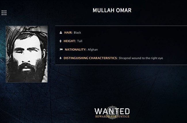 In this undated image released by the FBI, Mullah Omar is seen in a wanted poster.