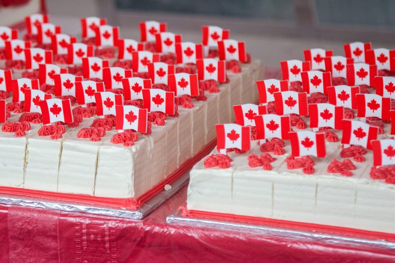 A red and white cake is ornated with Canadian flags for Canada Day in Montreal on July 1, 2015.