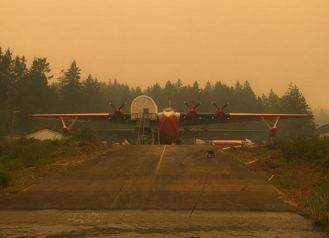 One of the two remaining Martin Mars Water Bombers in British Columbia sits idle in Port Alberni as a fire burns nearby on July 5, 2015.