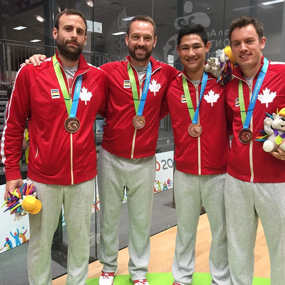 Lethbridge’s Coby Iwaasa (second from right), shows off the bronze medal won in the Pan Am Games team racquetball competition. Also pictured, L-R: Vincent Gagnon, Mike Green, Coby Iwaasa, Tim Landeryou