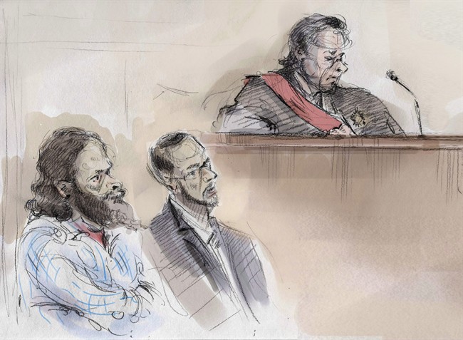 In an artist's sketch, Chiheb Esseghaier (left) and Raed Jaser (centre) appear in court in Toronto on Thursday, March 5, 2015 as Justice Michael Code looks on.