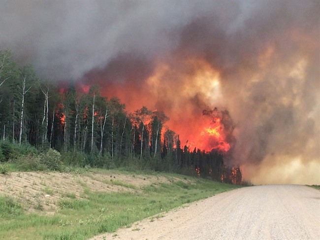 Forest fires throw flames above a tree-line along highway 969 in Saskatchewan on June 29, 2015. The premiers of British Columbia, Saskatchewan are calling for a national approach to fighting wildfires.
