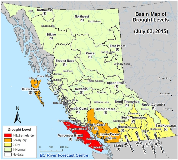 Basin map of drought levels in BC.
