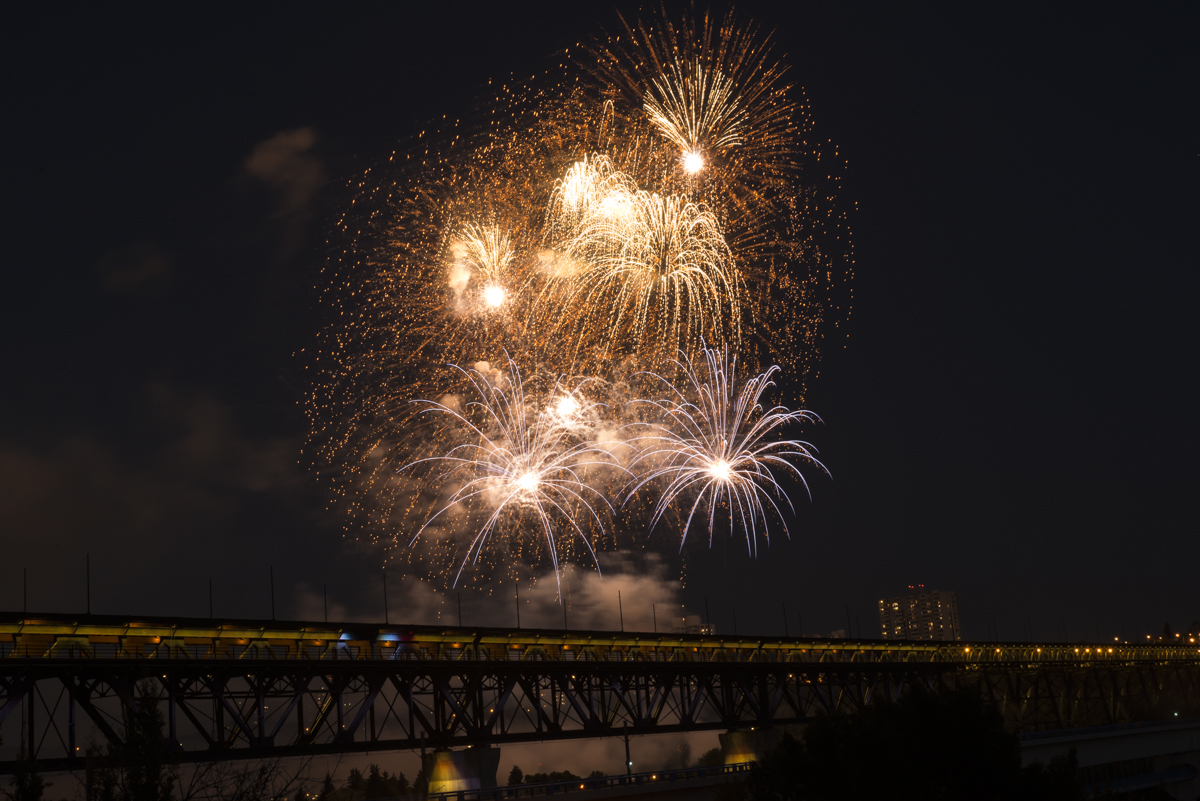 Canada Day fireworks over Edmonton's river valley. July 1, 2015.