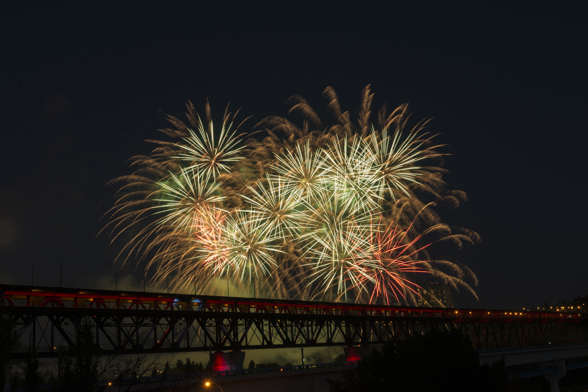 Canada Day fireworks over Edmonton's river valley. July 1, 2015.