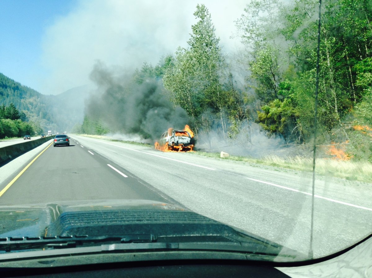 A car on fire next to the Coquihalla Highway has caused a forest fire that has shut down the highway in both directions.