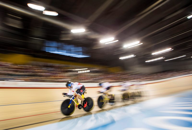 Canada's Jasmin Glaesser, Allison Beveridge, Laura Brown, and Kirsti Lay during the track cycling women's team pursuit in the first round at the Pan Am Games in Milton, Ontario on Thursday July 16, 2015. 