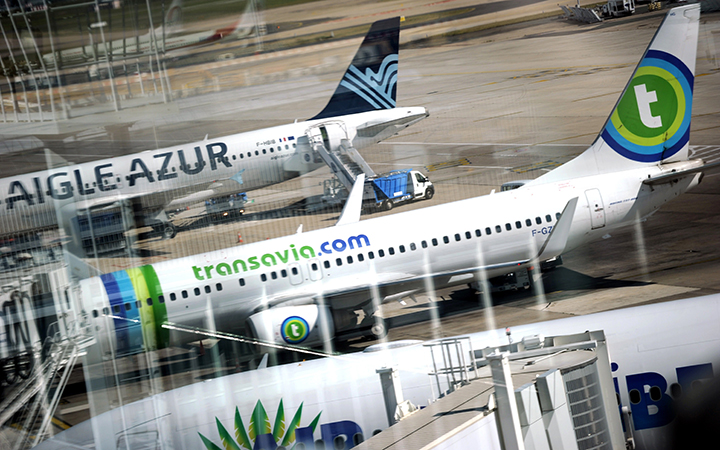 A Transavia plane is seen on the tarmac at Orly's airport, near Paris, on September 27, 2014.