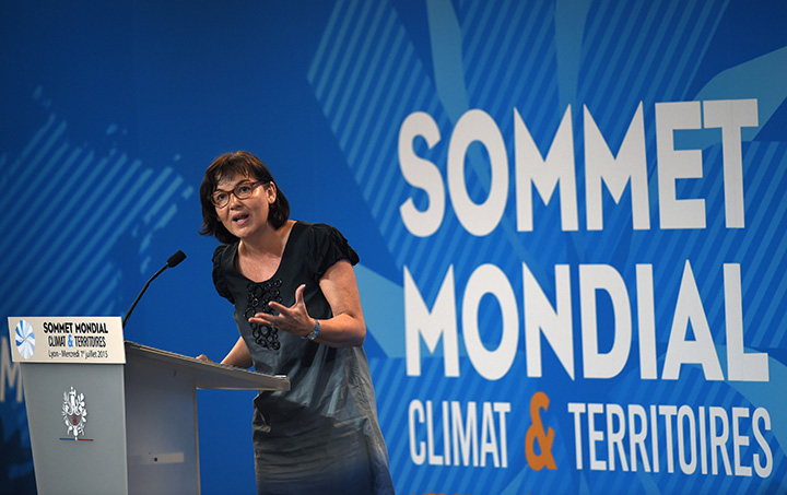 French Secretary of State for Development and Francophonie, Annick Girardin, talks during the opening plenary of The World Summit - Climate and Territories at the Rhone-Alpes Regional Council in Lyon, southeastern France, on July 1, 2015.