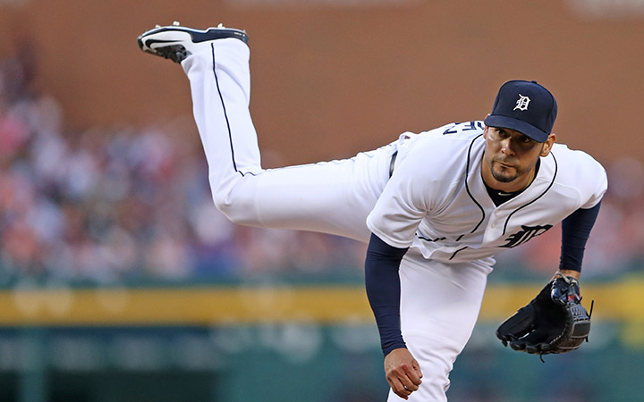 Anibal Sanchez of the Detroit Tigers pitches in the sixth inning during the game against the Toronto Blue Jays on July 3, 2015 at Comerica Park in Detroit, Michigan.