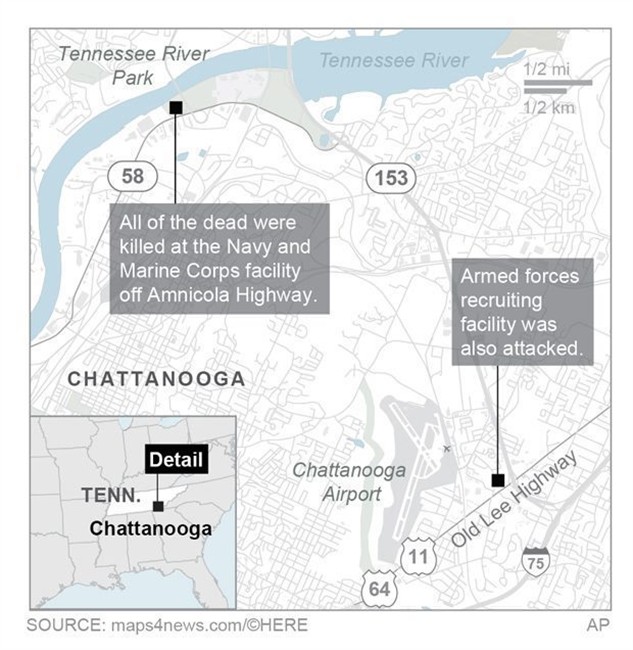 Map locates two shooting sites.