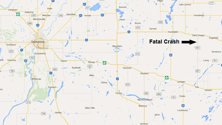 One dead after crash at an uncontrolled intersection on Highway 667 near Humboldt, Sask.