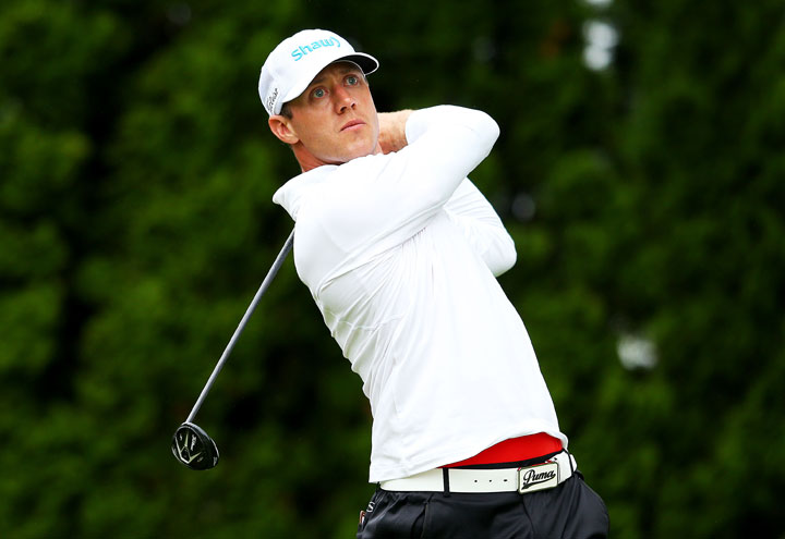 Graham DeLaet plays his shot from the ninth tee during the final round of the Travelers Championship at TPC River Highlands on June 28, 2015 in Cromwell, Connecticut.