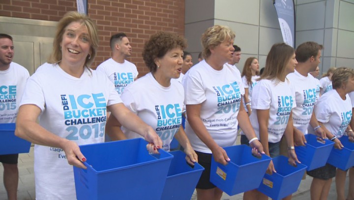 Jamie Orchard takes the plunge as the ALS Society of Quebec challenges her to the ice bucket challenge, Friday, July 31, 2015.