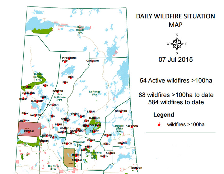 Active wildfires greater than 100hs burning in Saskatchewan on July 7, 2015.
