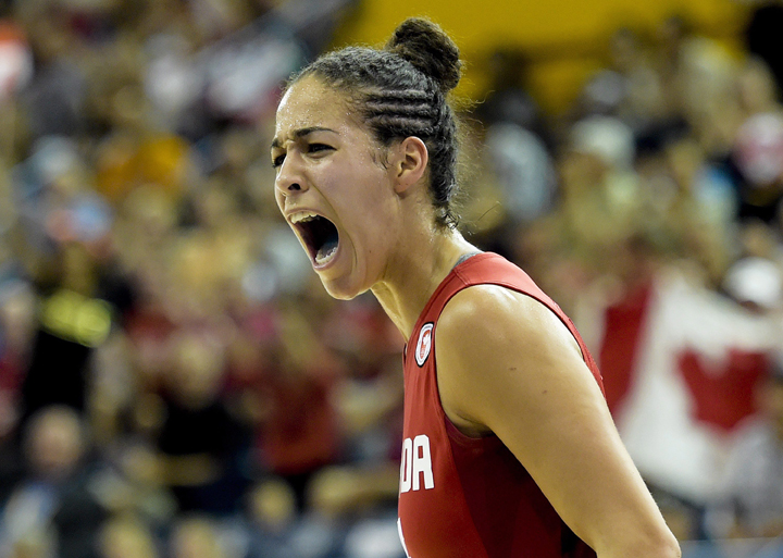 Canada forward Kia Nurse reacts against the United States during second half gold medal action at the Pan American Games in Toronto on Monday, July 20, 2015.