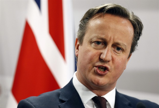 FILE - This is a Friday, May 22, 2015 file photo of British Prime Minister David Cameron as he speaks during a media conference at the conclusion of the Eastern Partnership summit in Riga, Latvia. (AP Photo/Mindaugas Kulbis, File).