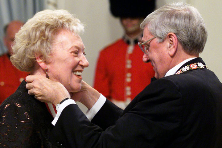 Flora MacDonald is promoted as a companion in the Order of Canada by Governor General Romeo LeBlanc in Ottawa Wednesday April 14, 1999.