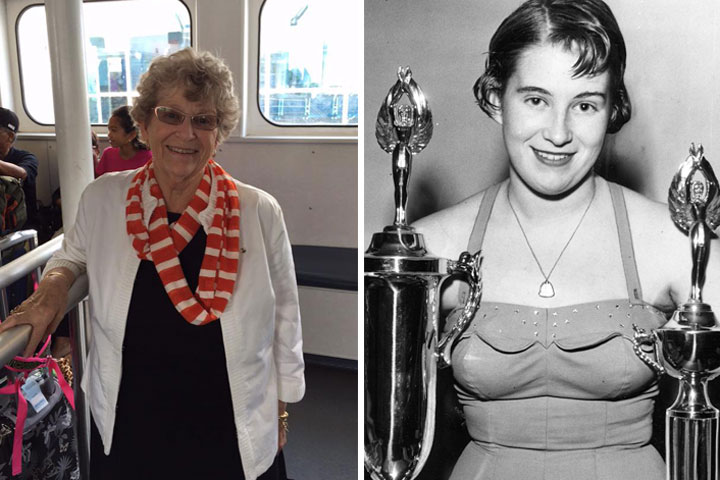 Marilyn Bell, pictured on July 8, 2015 on the Marilyn Bell I (left) and in December 1954.