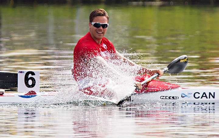 Canada's Mark De Jonge smiles as he wins his heat and earns himself a spot in the finals in the men's single kayak 200m sprint at the Toronto 2015 Pan Am Games in Welland, Ont. on Sunday, July 12, 2015. 