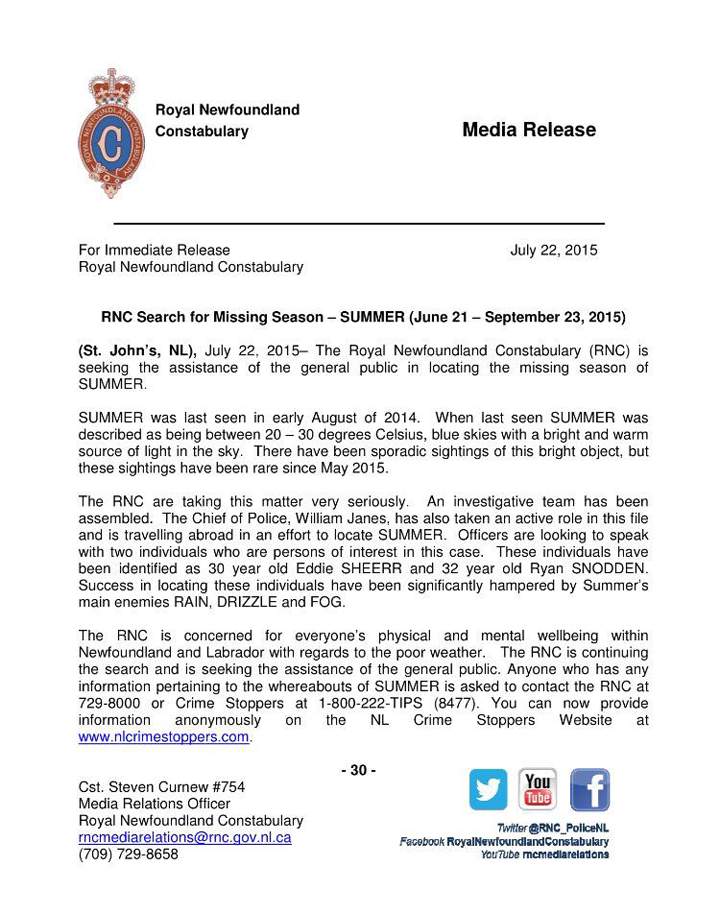 The “Missing Season” press release issued by the Royal Newfoundland Constabulary.