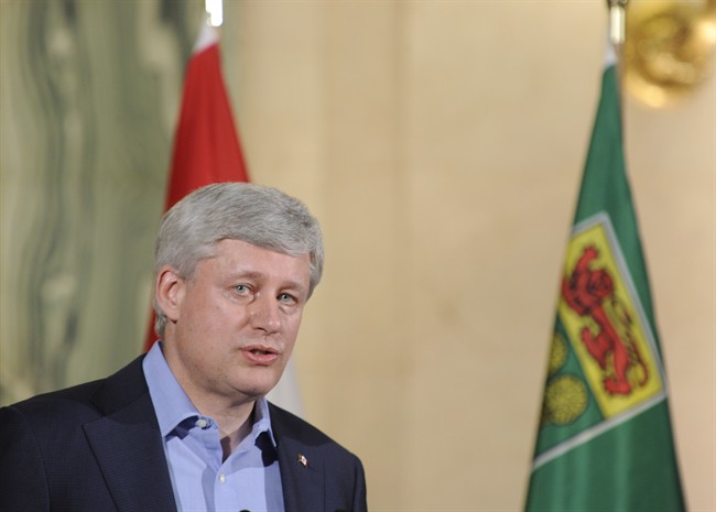 Prime Minister Stephen Harper speaks at the Saskatchewan Legislative Building in Regina, Sask., Friday, July 24, 2015.
