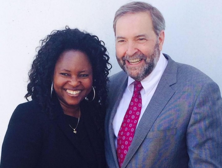 Beatrice Zako, NDP candidate for the riding of Papineau with party leader Thomas Mulcair.