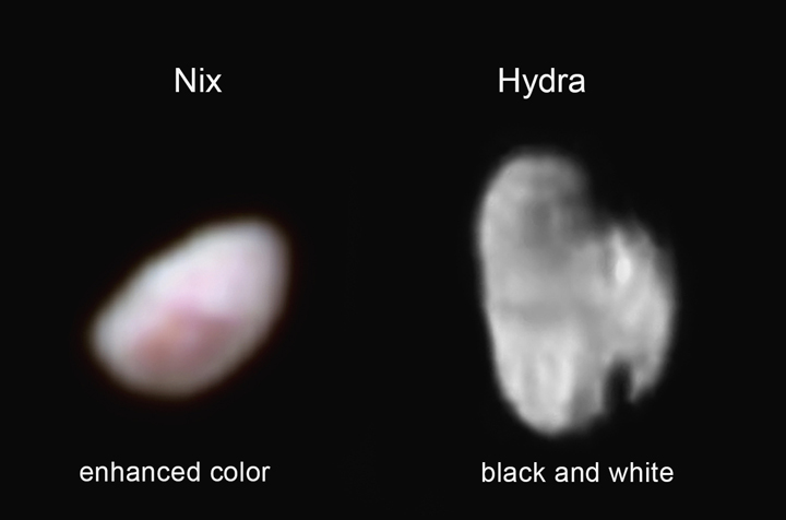 Nix, on the left, and Hydra, right, are seen here in this newly released image from the New Horizons spacecraft.