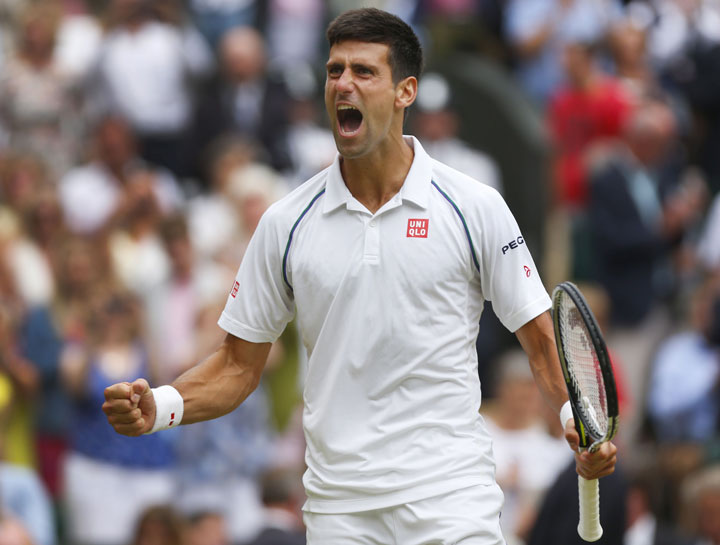 Novak Djokovic roars with triumph as he wins the Men's Finals over Roger Federer Wimbledon Championships 2015 in London, England, July 12, 2015.