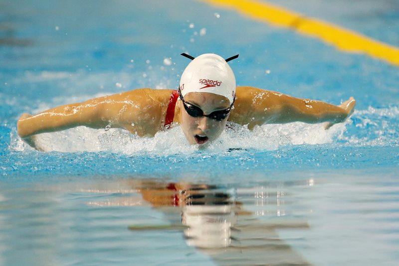 Canada's Emily Overholt competes in the women's 400m individual medley final at the Pan Am Games, Thursday, July 16, 2015, in Toronto. 