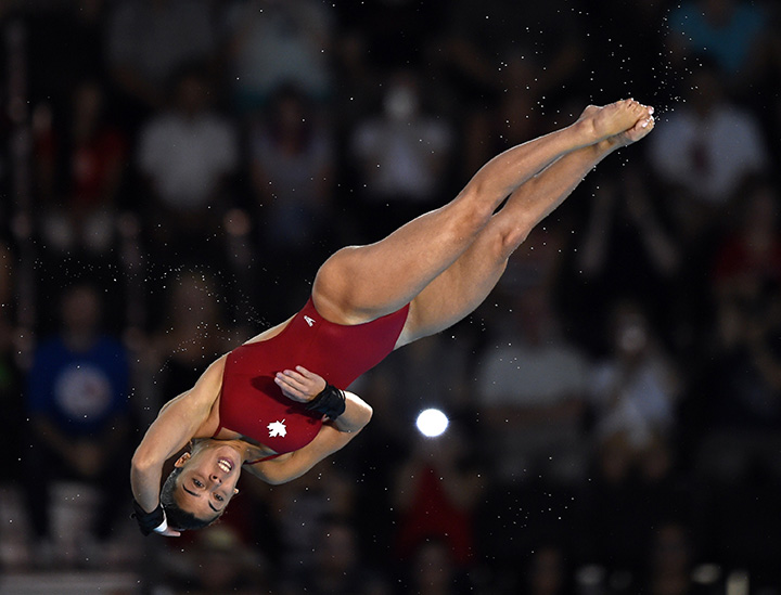 Meaghan Benfeito of Canada dives during the women’s 10m platform semi-finals at the Toronto 2015 Pan American Games, July 10, 2015.