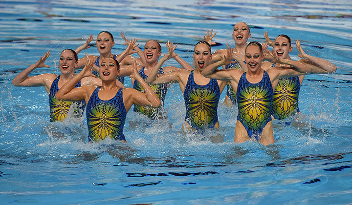 Team Canada performs during the Team Technical Routine during the Toronto 2015 Pan American Games on July 9, 2015.